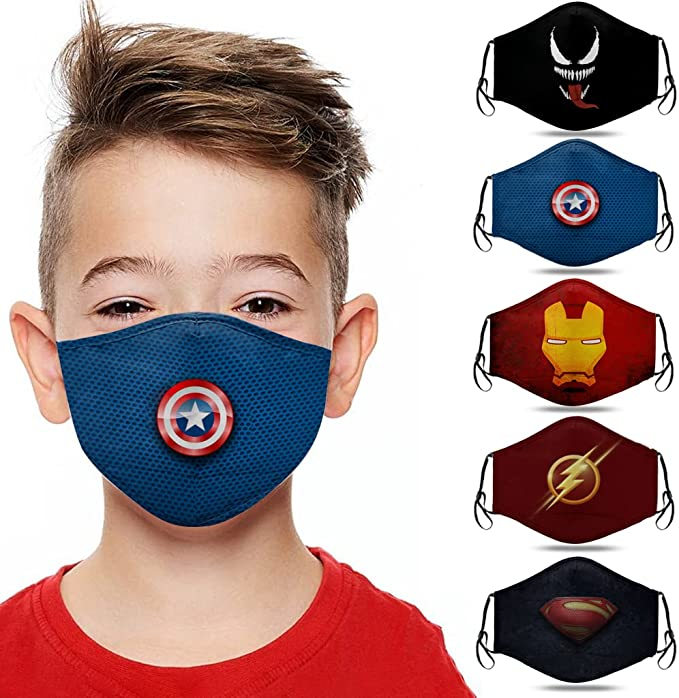 ASOONYUM 5Pcs Cotton Masks for Kids Boys Child Washable Reusable Adjustable Cloth Madks Facemask with Filter Pocket and Nose Wire 3 Layer Mascarillas para niños Gift